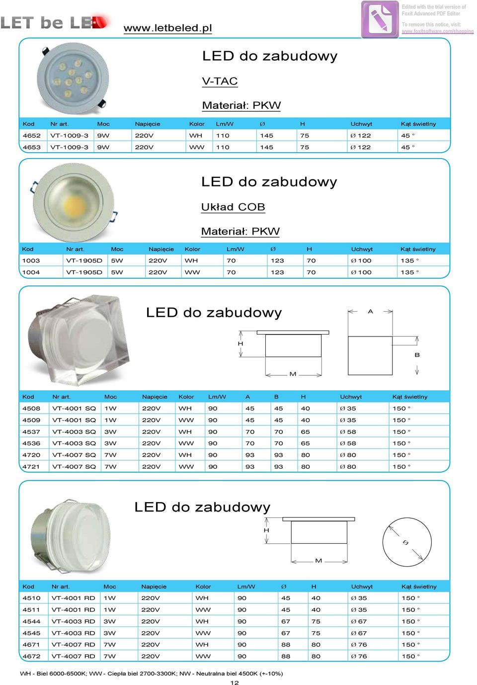 Moc Napięcie Kolor Lm/W Ø H Uchwyt Kąt świetlny 1003 VT-1905D 5W 220V WH 70 123 70 Ø 100 135 1004 VT-1905D 5W 220V WW 70 123 70 Ø 100 135 A H B M Kod Nr art.