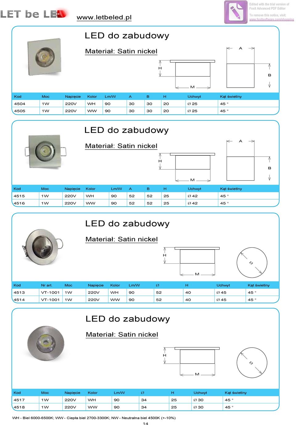 WW 90 30 30 20 Ø 25 45 Materiał: Satin nickel A H B M Kod Moc Napięcie Kolor Lm/W A B H Uchwyt Kąt świetlny 4515 1W 220V WH 90 52 52 25 Ø 42 45 4516 1W 220V WW 90 52 52