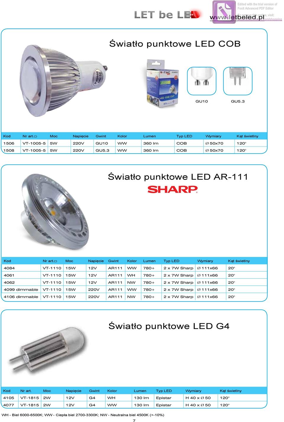 3 WW 360 lm COB Ø 50x70 120 Światło punktowe LED AR-111 Kod Nr art.