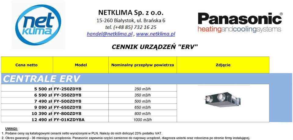 800 m3/h 12 490 zł FY-01KZDY8A 1000 m3/h 2. Okres gwarancji - 36 miesiący na urządzenia.