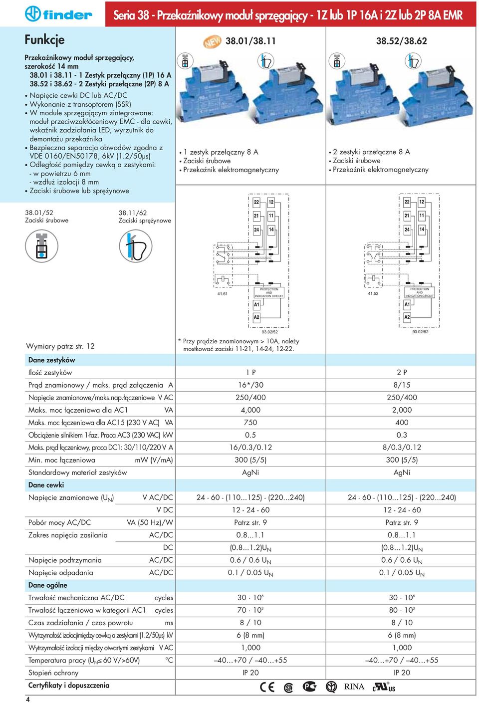 62-2 Zestyki przełàczne (2P) 8 A Napi cie cewki DC lub AC/DC Wykonanie z transoptorem (SSR) W module sprz gajàcym zintegrowane: moduł przeciwzakłóceniowy EMC - dla cewki, wskaênik zadziałania LED,