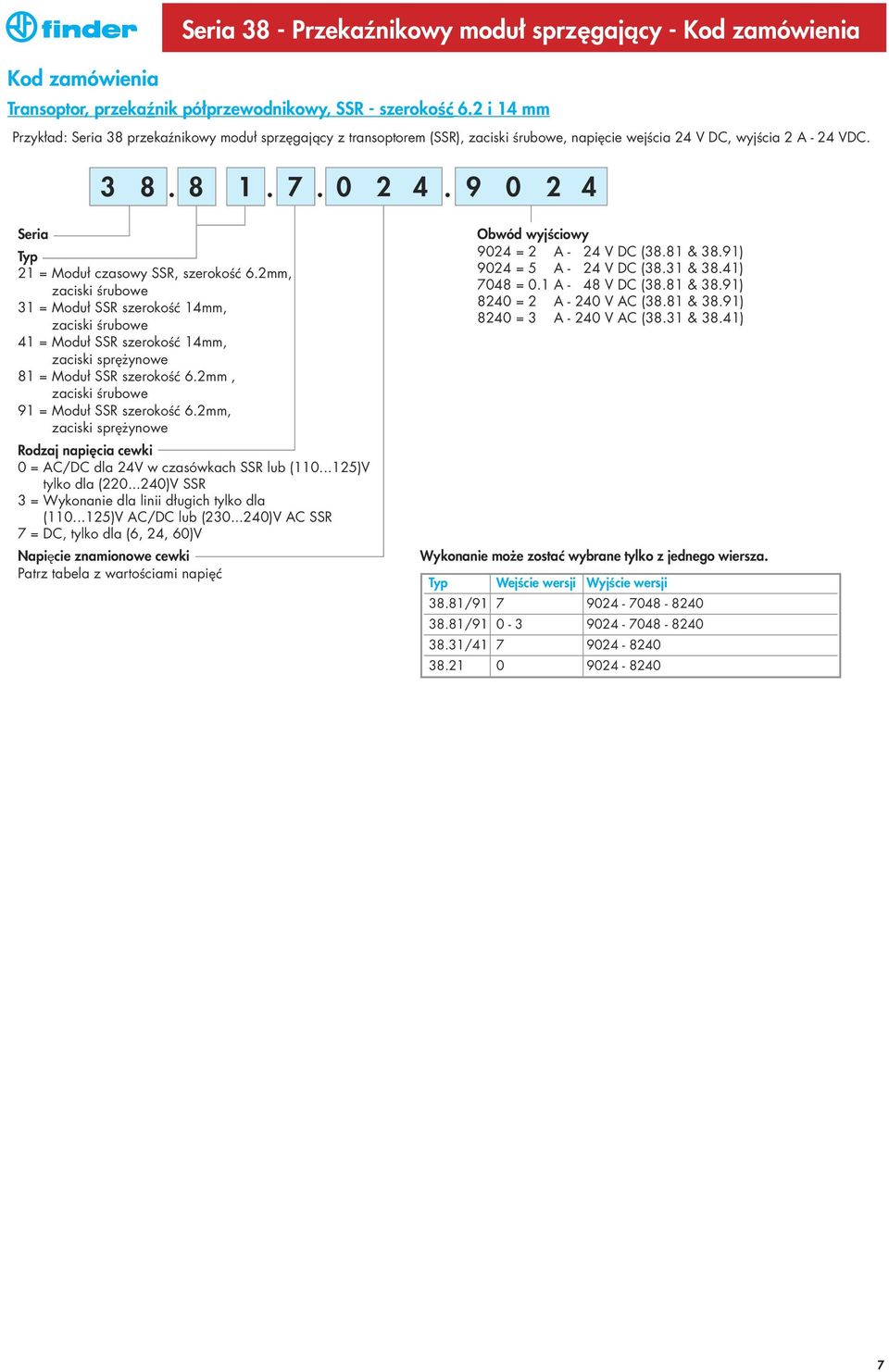 9 0 2 4 Seria Typ 21 = Moduł czasowy SSR, szerokoêç 6.2mm, zaciski Êrubowe 31 = Moduł SSR szerokoêç 14mm, zaciski Êrubowe 41 = Moduł SSR szerokoêç 14mm, zaciski spr ynowe 81 = Moduł SSR szerokoêç 6.