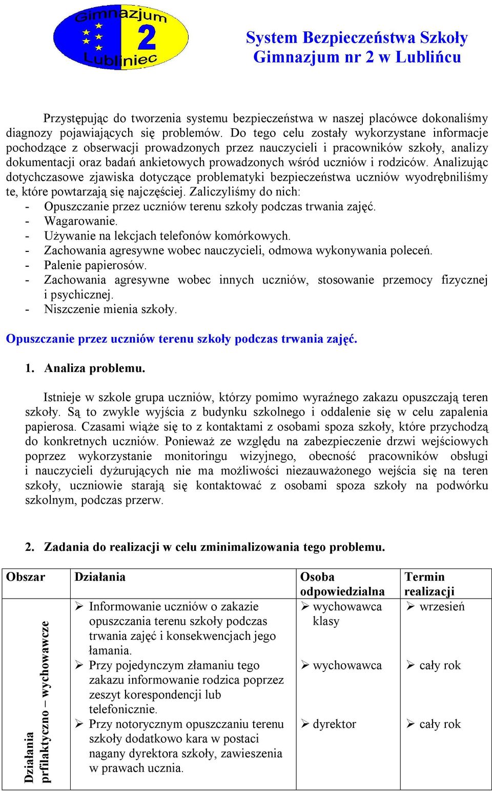 rodziców. Analizując dotychczasowe zjawiska dotyczące problematyki bezpieczeństwa uczniów wyodrębniliśmy te, które powtarzają się najczęściej.