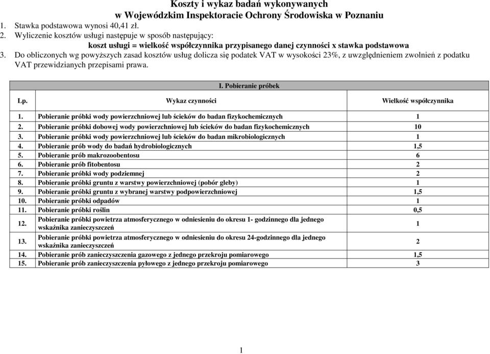 Do obliczonych wg powyższych zasad kosztów usług dolicza się podatek VAT w wysokości 23%, z uwzględnieniem zwolnień z podatku VAT przewidzianych przepisami prawa. I. Pobieranie próbek Lp.