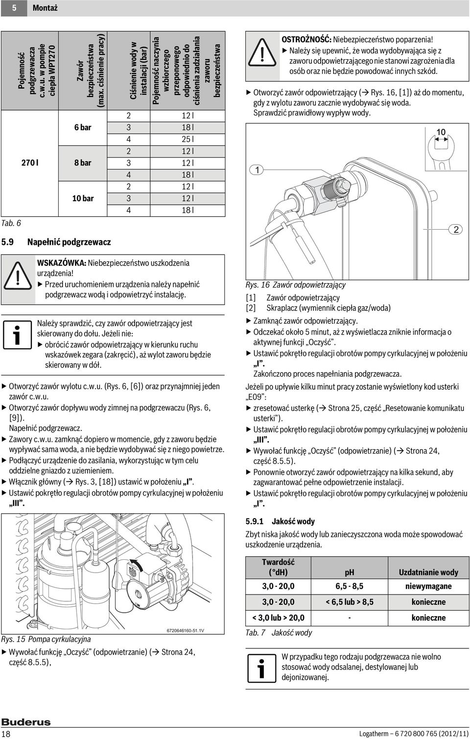 l 2 12 l 3 12 l 4 18 l Otworzyć zawór odpowietrzający ( Rys. 16, [1]) aż do momentu, gdy z wylotu zaworu zacznie wydobywać się woda. Sprawdzić prawidłowy wypływ wody.