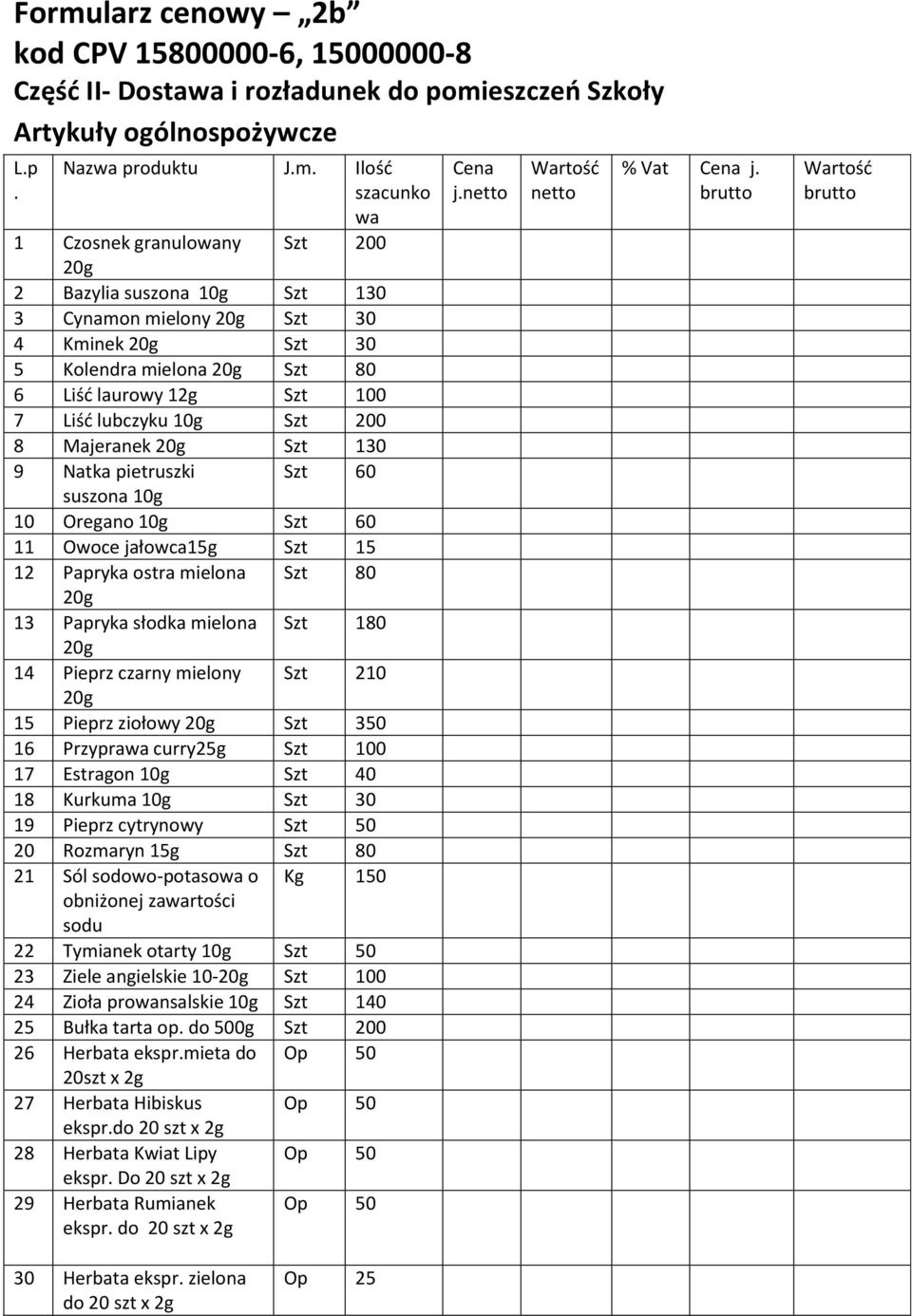 Natka pietruszki Szt 60 suszona 10g 10 Oregano 10g Szt 60 11 Owoce jałowca15g Szt 15 12 Papryka ostra mielona Szt 80 20g 13 Papryka słodka mielona Szt 180 20g 14 Pieprz czarny mielony Szt 210 20g 15