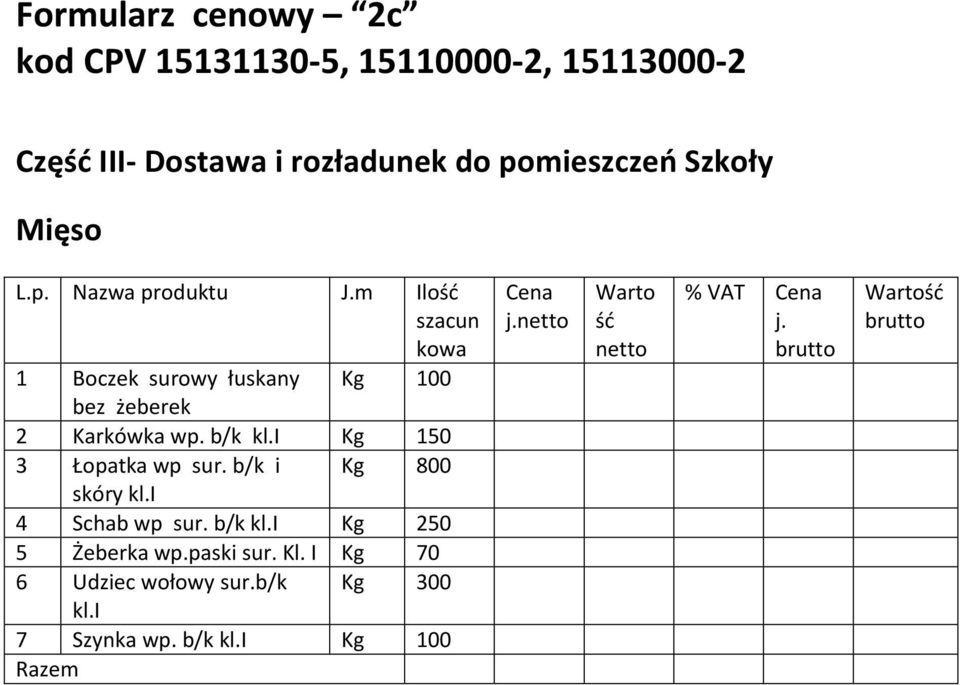 m Ilość szacun kowa 1 Boczek surowy łuskany Kg 100 bez żeberek 2 Karkówka wp. b/k kl.