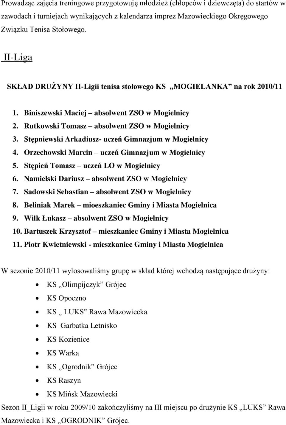 Stępniewski Arkadiusz- uczeń Gimnazjum w Mogielnicy 4. Orzechowski Marcin uczeń Gimnazjum w Mogielnicy 5. Stępień Tomasz uczeń LO w Mogielnicy 6. Namielski Dariusz absolwent ZSO w Mogielnicy 7.