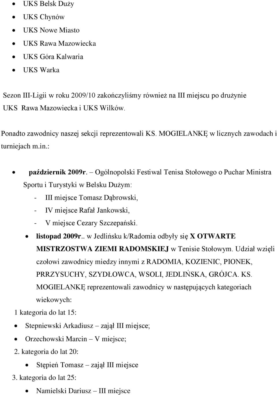 Ogólnopolski Festiwal Tenisa Stołowego o Puchar Ministra Sportu i Turystyki w Belsku Dużym: - III miejsce Tomasz Dąbrowski, - IV miejsce Rafał Jankowski, - V miejsce Cezary Szczepański.