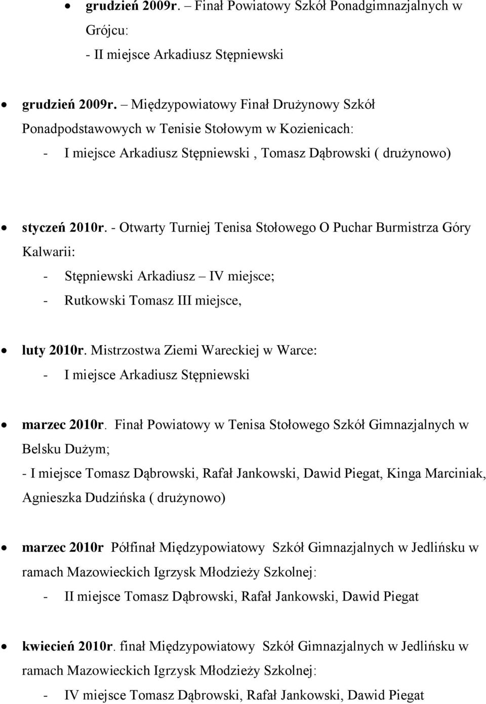 - Otwarty Turniej Tenisa Stołowego O Puchar Burmistrza Góry Kalwarii: - Stępniewski Arkadiusz IV miejsce; - Rutkowski Tomasz III miejsce, luty 2010r.