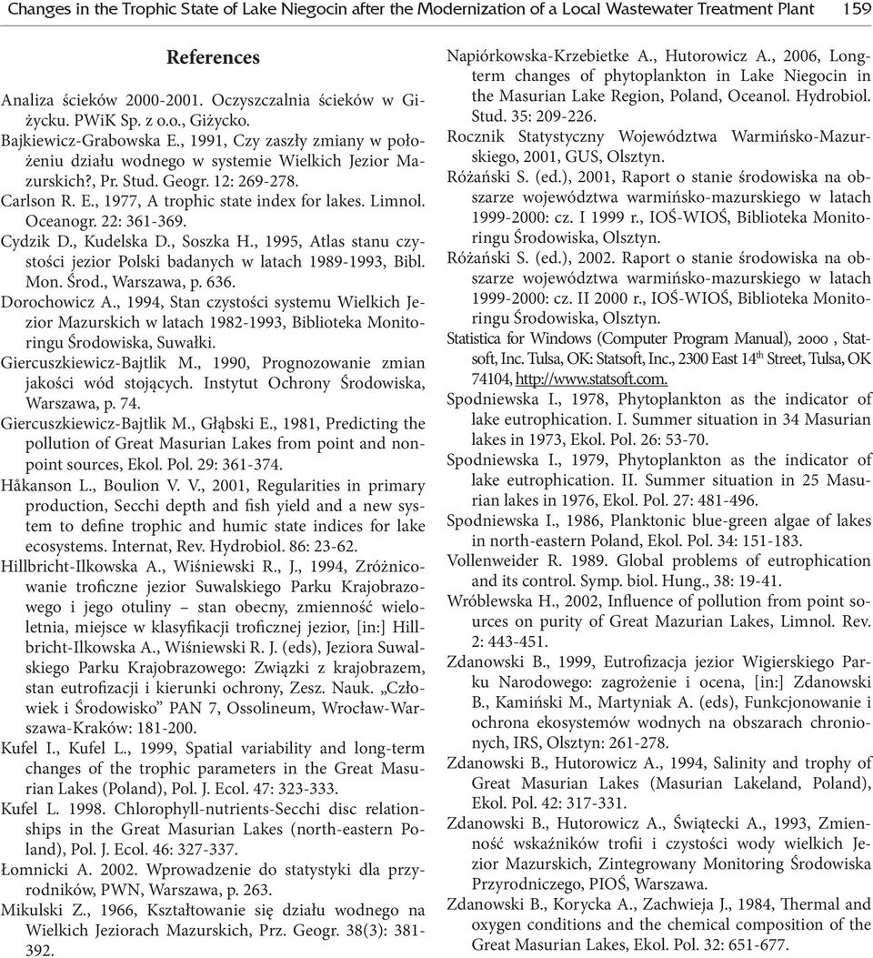 Limnol. Oceanogr. 22: 361-369. Cydzik D., Kudelska D., Soszka H., 1995, Atlas stanu czystości jezior Polski badanych w latach 1989-1993, Bibl. Mon. Środ., Warszawa, p. 636. Dorochowicz A.