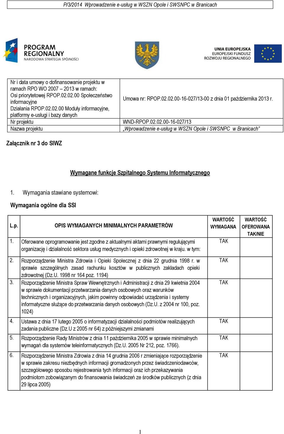 WND-RPOP.02.02.00-16-027/13 Wprowadzenie e-usług w WSZN Opole i SWSNPC w Branicach Załącznik nr 3 do SIWZ Wymagane funkcje Szpitalnego Systemu Informatycznego 1.