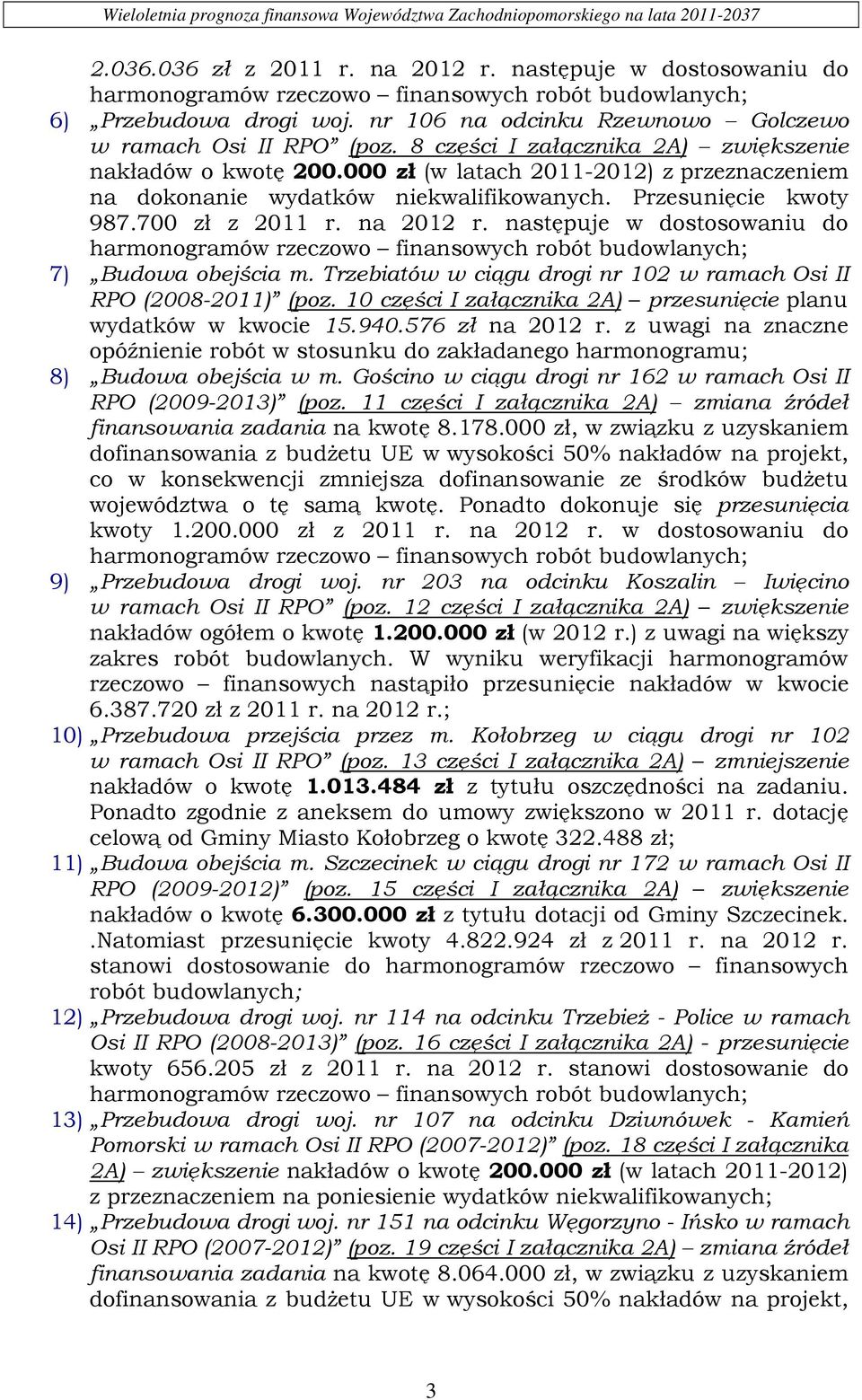 000 zł (w latach 2011-2012) z przeznaczeniem na dokonanie wydatków niekwalifikowanych. Przesunięcie kwoty 987.700 zł z 2011 r. na 2012 r.