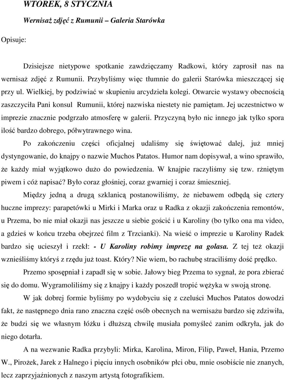 Otwarcie wystawy obecnością zaszczyciła Pani konsul Rumunii, której nazwiska niestety nie pamiętam. Jej uczestnictwo w imprezie znacznie podgrzało atmosferę w galerii.