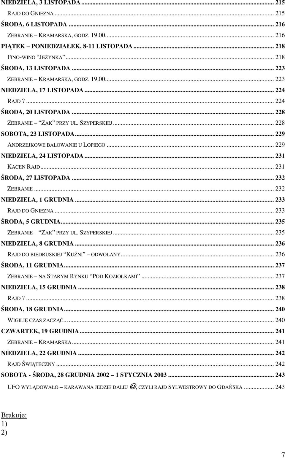 .. 228 SOBOTA, 23 LISTOPADA... 229 ANDRZEJKOWE BALOWANIE U LOPIEGO... 229 NIEDZIELA, 24 LISTOPADA... 231 KACEN RAJD... 231 ŚRODA, 27 LISTOPADA... 232 ZEBRANIE... 232 NIEDZIELA, 1 GRUDNIA.