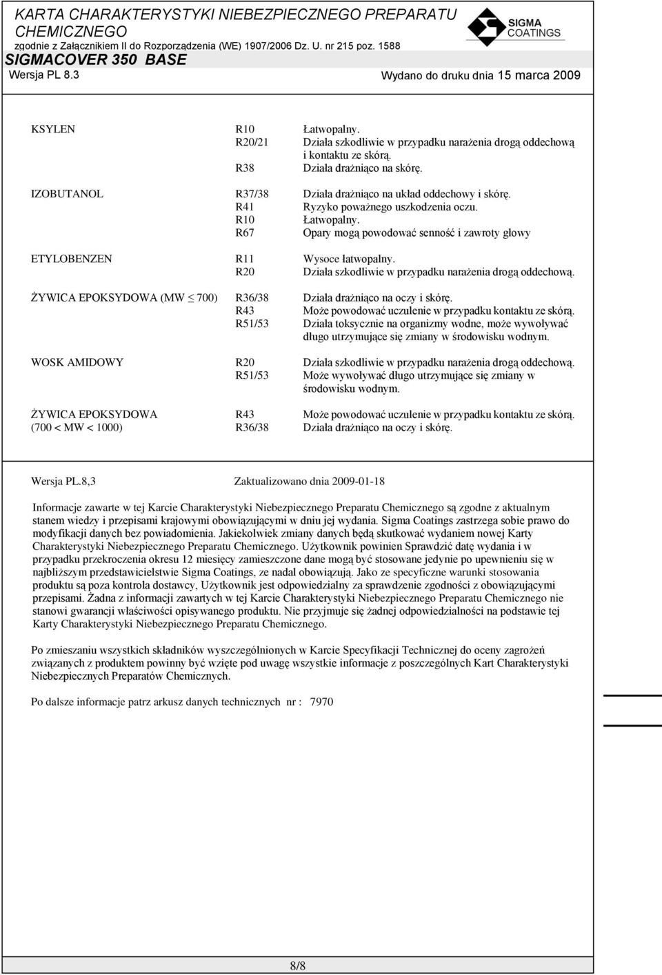 ŻYWICA EPOKSYDOWA (MW 700) R36/38 Działa drażniąco na oczy i skórę. R43 Może powodować uczulenie w przypadku kontaktu ze skórą.