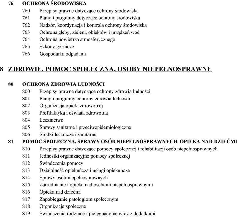 Przepisy prawne dotyczące ochrony zdrowia ludności 801 Plany i programy ochrony zdrowia ludności 802 Organizacja opieki zdrowotnej 803 Profilaktyka i oświata zdrowotna 804 Lecznictwo 805 806 Sprawy