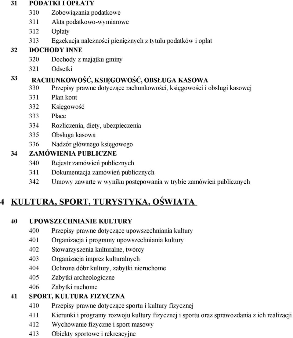 ubezpieczenia 335 Obsługa kasowa 336 Nadzór głównego księgowego 34 ZAMÓWIENIA PUBLICZNE 340 Rejestr zamówień publicznych 341 Dokumentacja zamówień publicznych 342 Umowy zawarte w wyniku postępowania