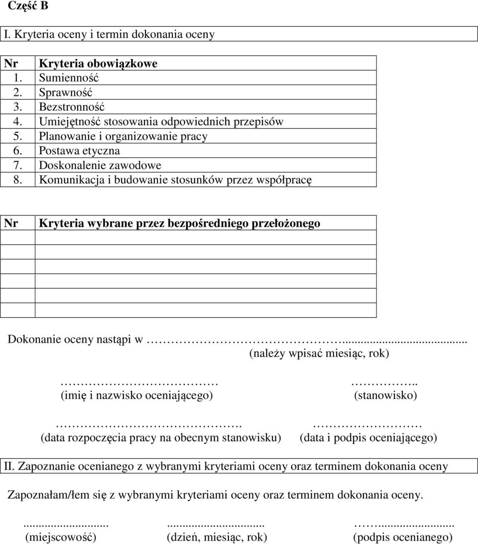 Komunikacja i budowanie stosunków przez współpracę Nr Kryteria wybrane przez bezpośredniego przełożonego Dokonanie oceny nastąpi w.