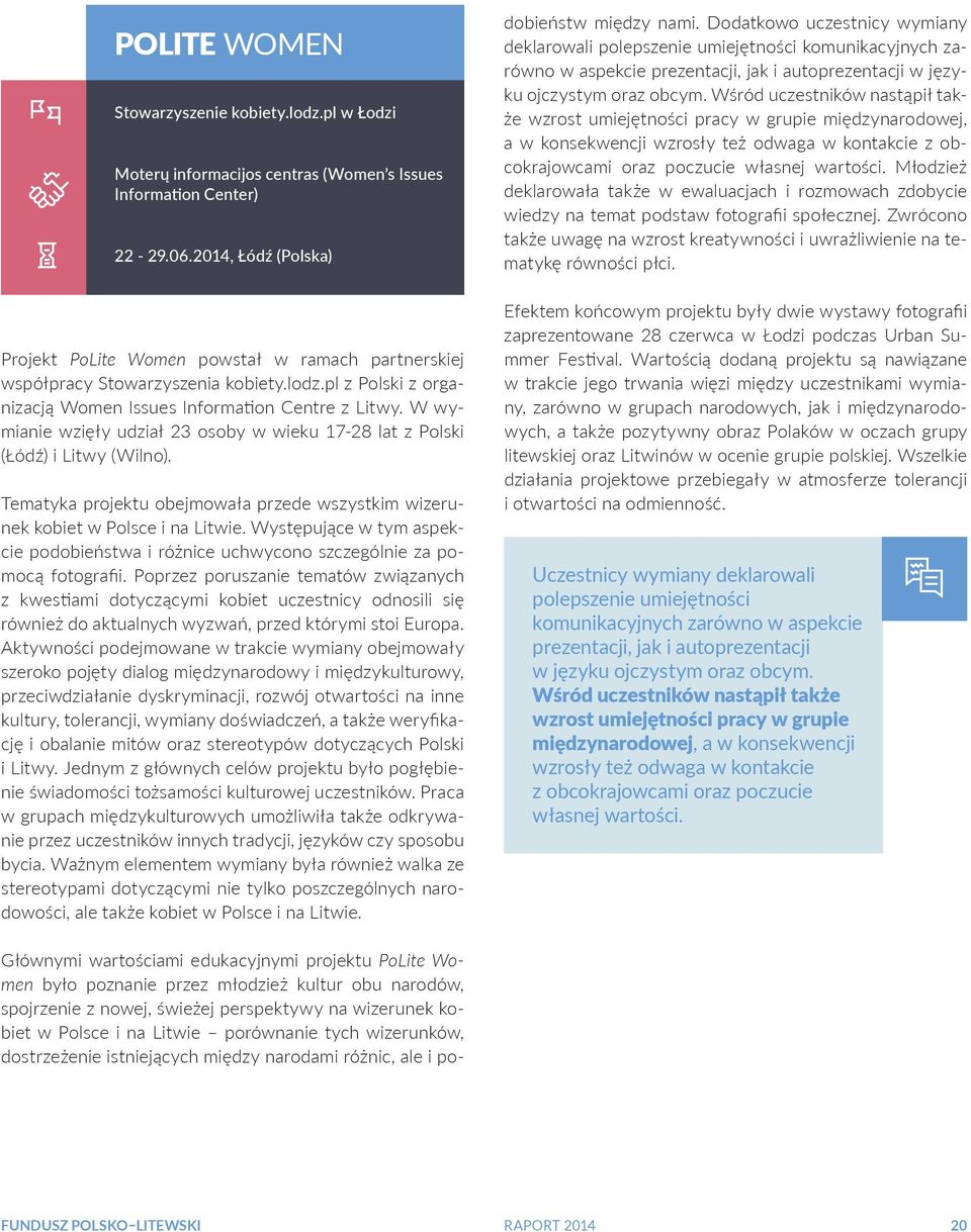 W wymianie wzięły udział 23 osoby w wieku 17-28 lat z Polski (Łódź) i Litwy (Wilno). Tematyka projektu obejmowała przede wszystkim wizerunek kobiet w Polsce i na Litwie.