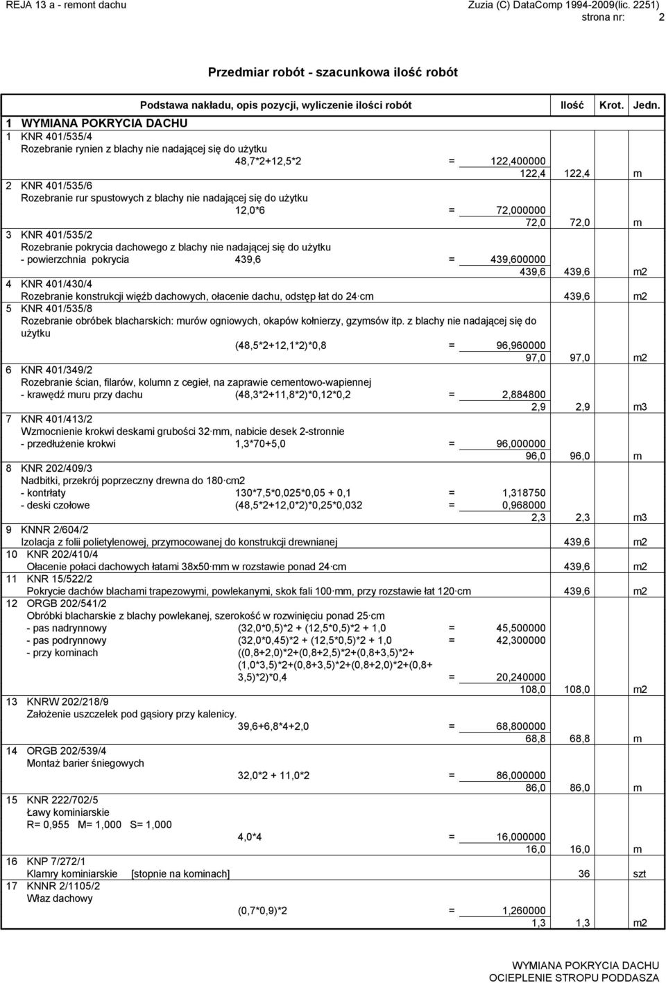 = 72,000000 72,0 72,0 m 3 KNR 401/535/2 Rozebranie pokrycia dachowego z blachy nie nadającej się do użytku - powierzchnia pokrycia 439,6 = 439,600000 439,6 439,6 m2 4 KNR 401/430/4 Rozebranie