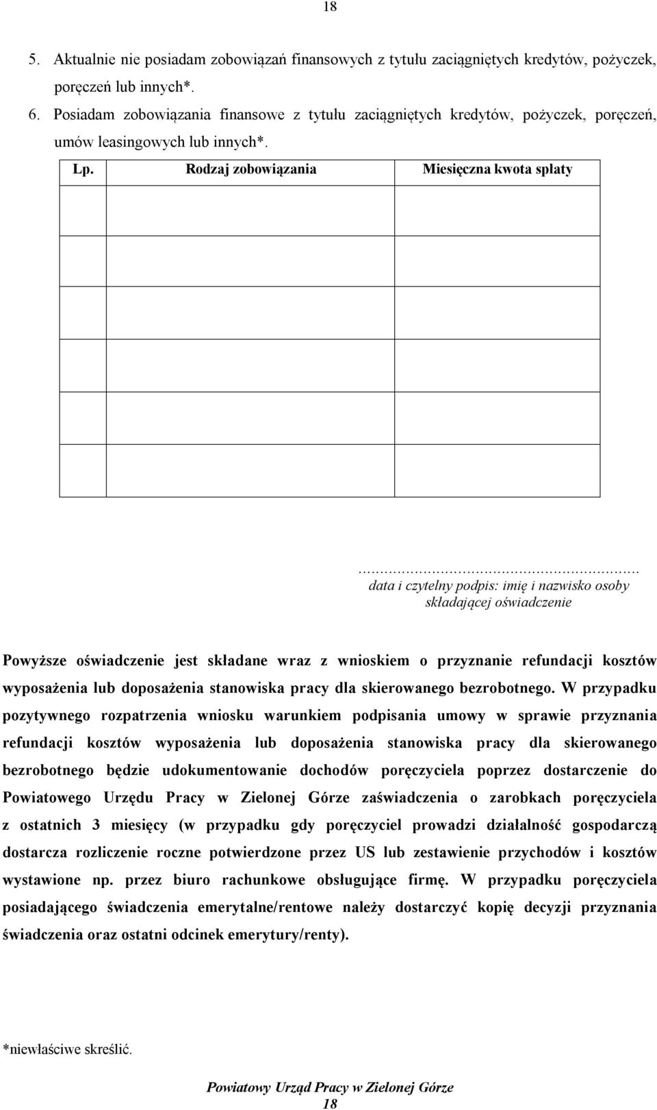 .. data i czytelny podpis: imię i nazwisko osoby składającej oświadczenie Powyższe oświadczenie jest składane wraz z wnioskiem o przyznanie refundacji kosztów wyposażenia lub doposażenia stanowiska