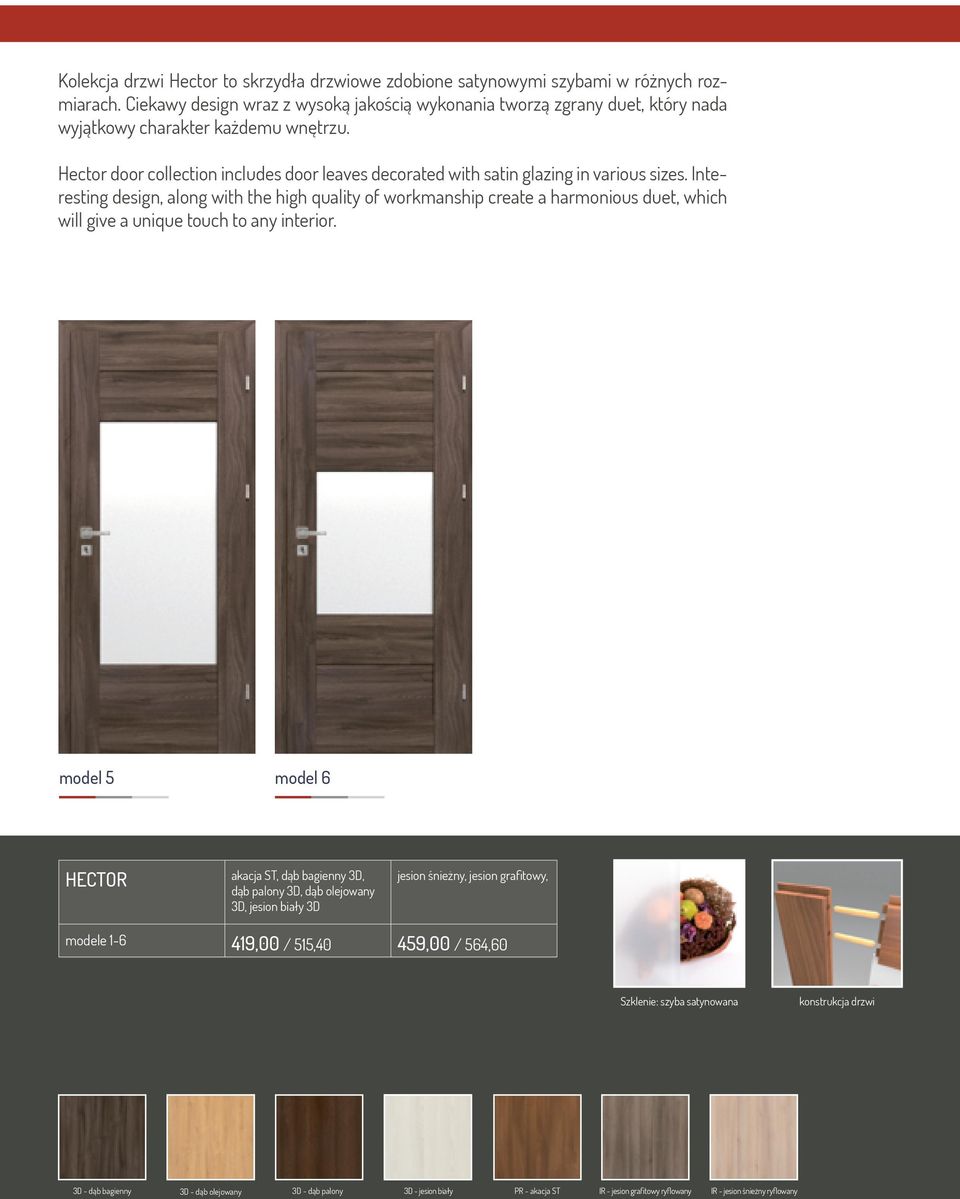 Hector door collection includes door leaves decorated with satin glazing in various sizes.