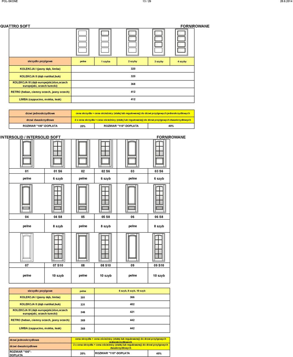 (cappucino, mokka, teak) pełne 1 szyba 2 szyby 3 szyby 4 szyby 320 320 368 412 412 ROZMIAR "100"-DOPŁATA 20% ROZMIAR "110"-DOPŁATA 40% INTERSOLID / INTERSOLID SOFT 01 01 S6 02 02 S6 03 03 S6 pełne 6