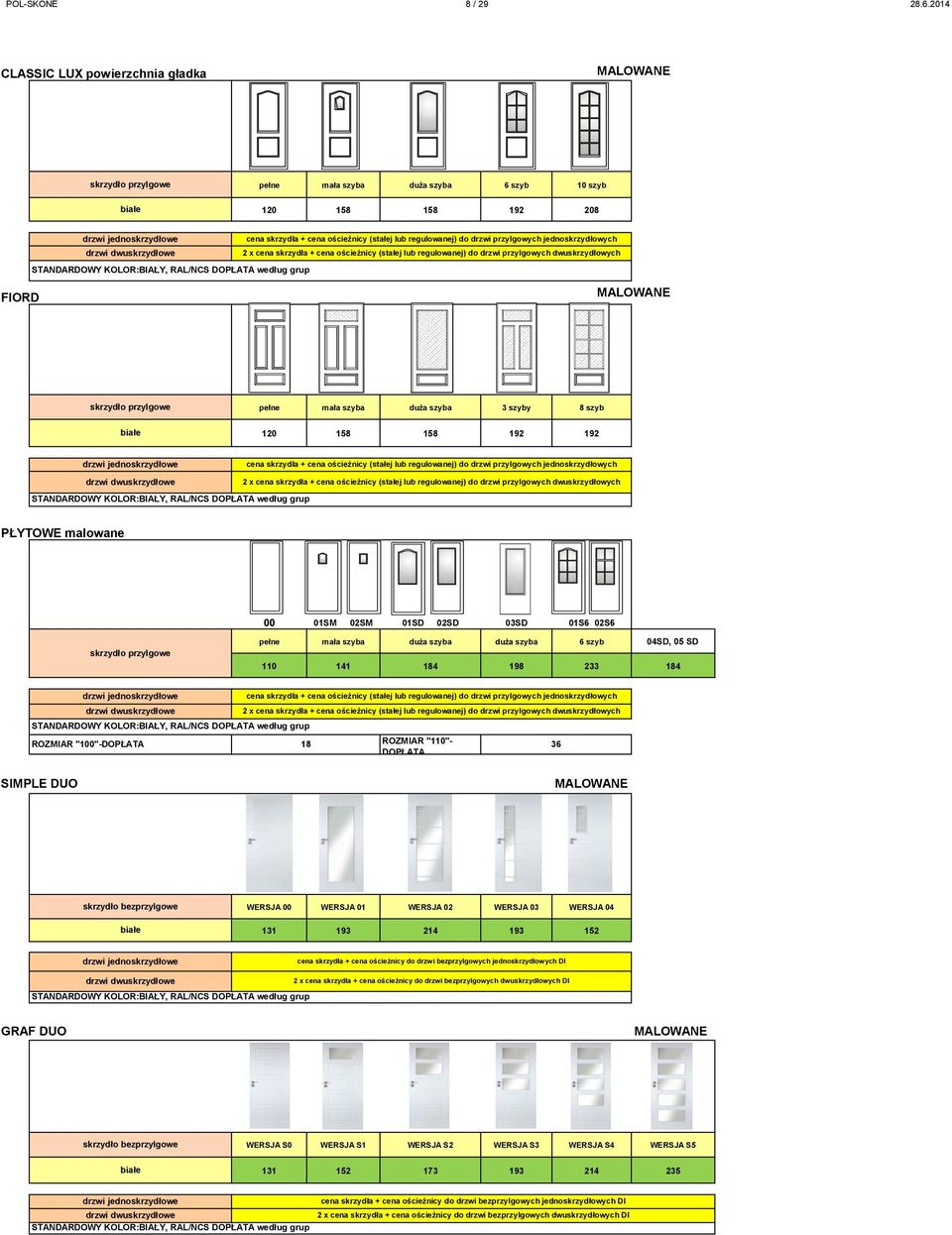 00 01SM 02SM 01SD 02SD 03SD 01S6 02S6 pełne mała szyba duża szyba duża szyba 6 szyb 04SD, 05 SD 110 141 184 198 233 184 ROZMIAR "100"-DOPŁATA 18 ROZMIAR "110"- DOPŁATA 36 SIMPLE DUO skrzydło