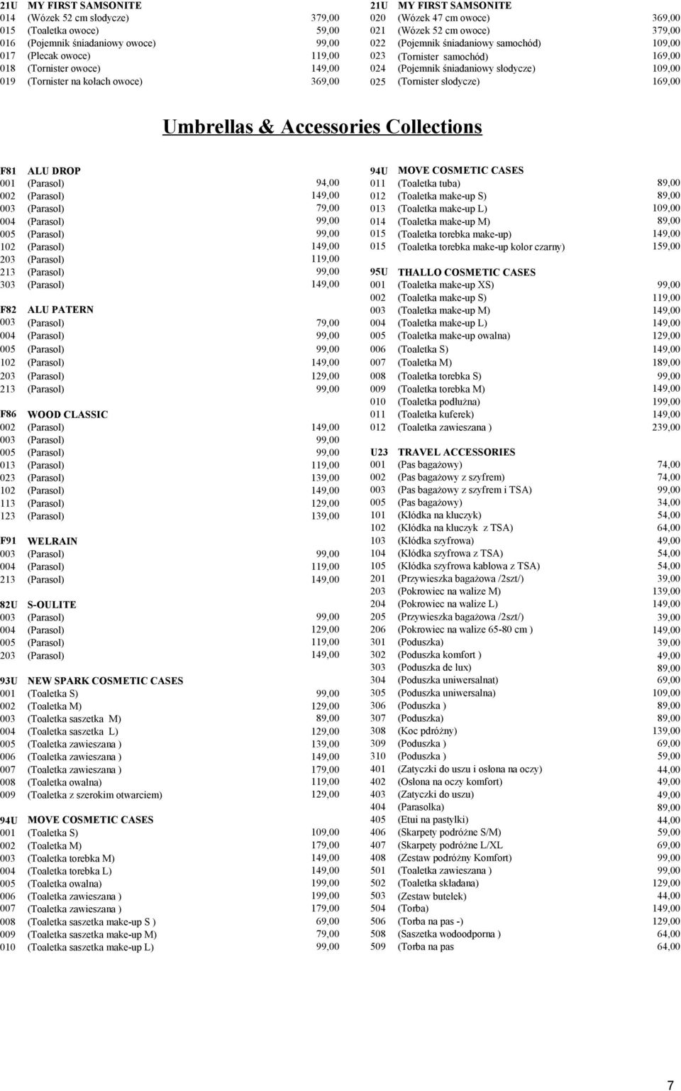 (Tornister na kołach owoce) 369,00 025 (Tornister słodycze) 169,00 Umbrellas & Accessories Collections F81 ALU DROP 94U MOVE COSMETIC CASES 001 (Parasol) 94,00 011 (Toaletka tuba) 89,00 002 (Parasol)