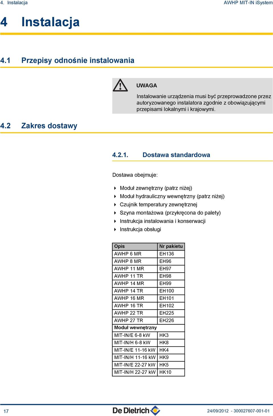 .. Dostawa standardowa Dostawa obejmuje: 4 Moduł zewnętrzny (patrz niżej) 4 Moduł hydrauliczny wewnętrzny (patrz niżej) 4 Czujnik temperatury zewnętrznej 4 Szyna montażowa (przykręcona do palety) 4