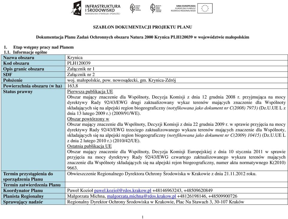 małopolskie, pow. nowosądecki, gm. Krynica-Zdrój Powierzchnia obszaru (w ha) 163,8 Status prawny Pierwsza publikacja UE Obszar mający znaczenie dla Wspólnoty, Decyzja Komisji z dnia 12 grudnia 2008 r.