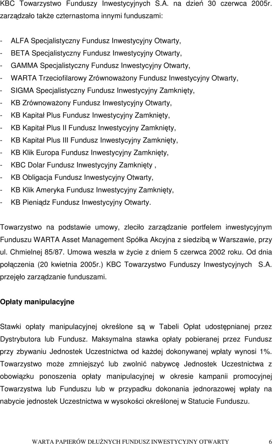 Otwarty, - WARTA Trzeciofilarowy Zrównowaony Fundusz Inwestycyjny Otwarty, - SIGMA Specjalistyczny Fundusz Inwestycyjny Zamknity, - KB Zrównowaony Fundusz Inwestycyjny Otwarty, - KB Kapitał Plus