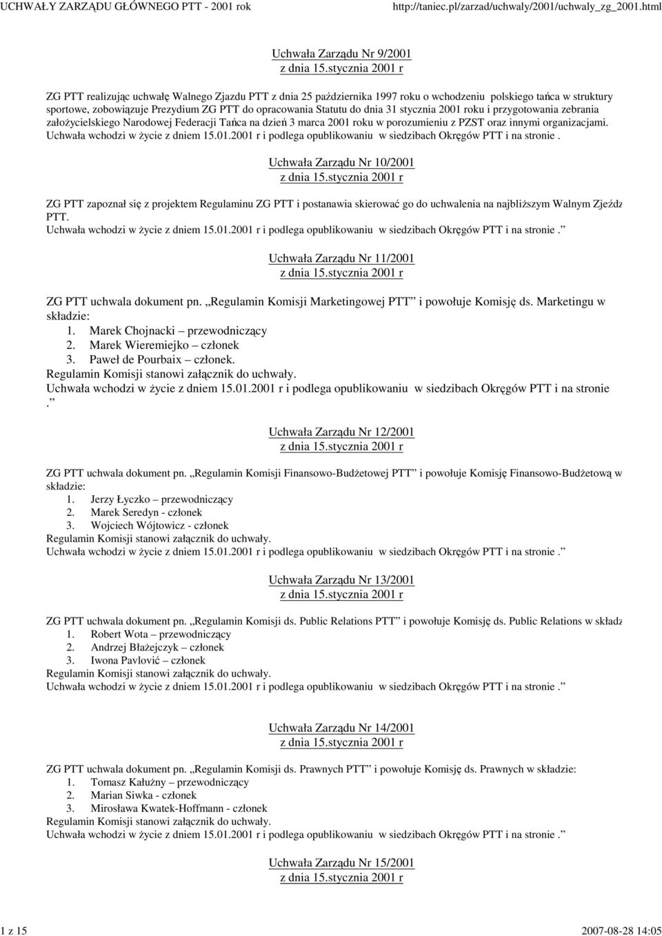 Uchwała wchodzi w życie z dniem 15.01.2001 r i podlega opublikowaniu w siedzibach Okręgów PTT i na stronie.