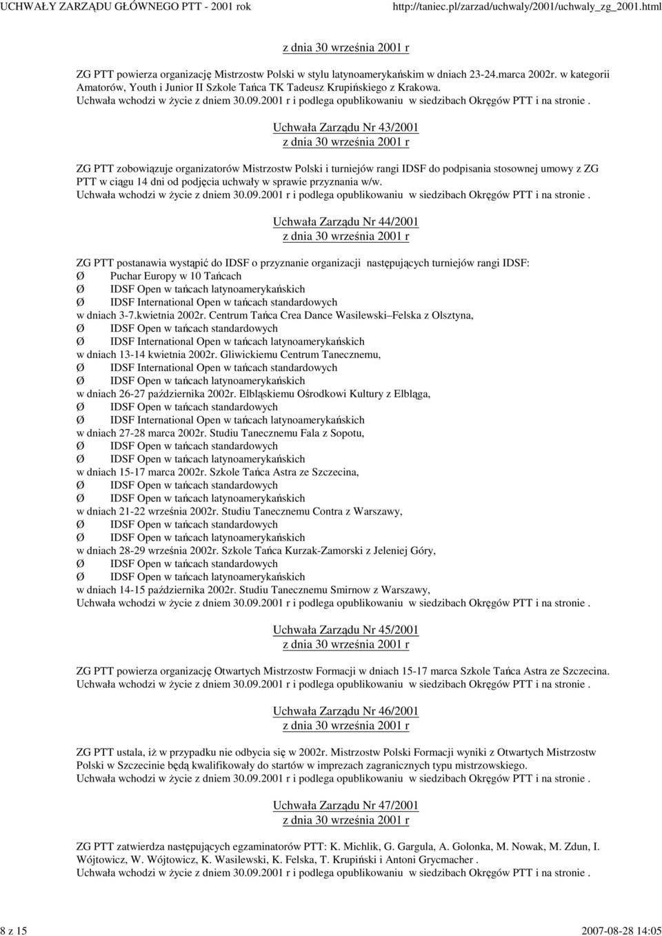 Uchwała Zarządu Nr 44/2001 ZG PTT postanawia wystąpić do IDSF o przyznanie organizacji następujących turniejów rangi IDSF: Ø Puchar Europy w 10 Tańcach Ø IDSF Open w tańcach latynoamerykańskich Ø