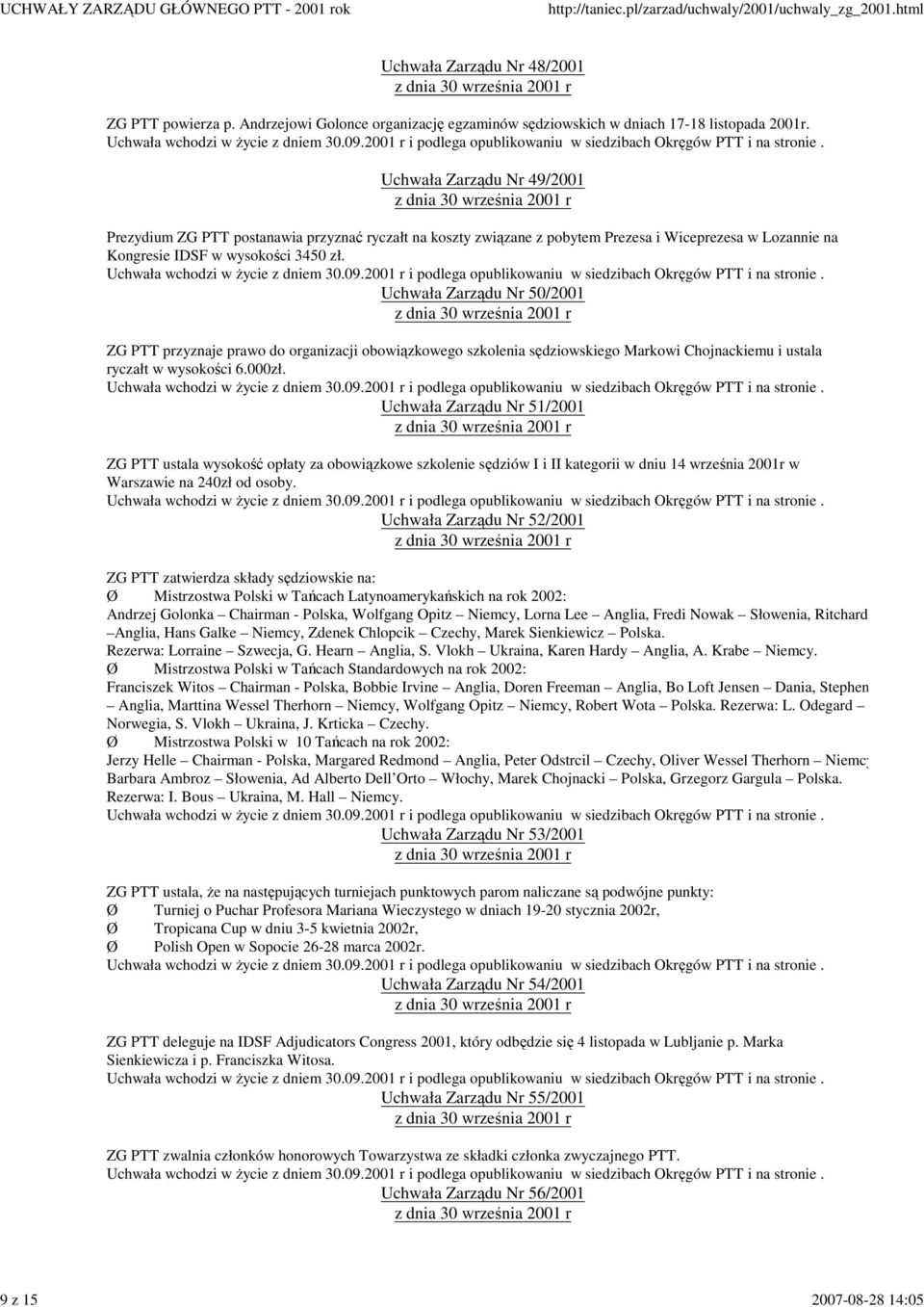 Uchwała Zarządu Nr 50/2001 ZG PTT przyznaje prawo do organizacji obowiązkowego szkolenia sędziowskiego Markowi Chojnackiemu i ustala ryczałt w wysokości 6.000zł.