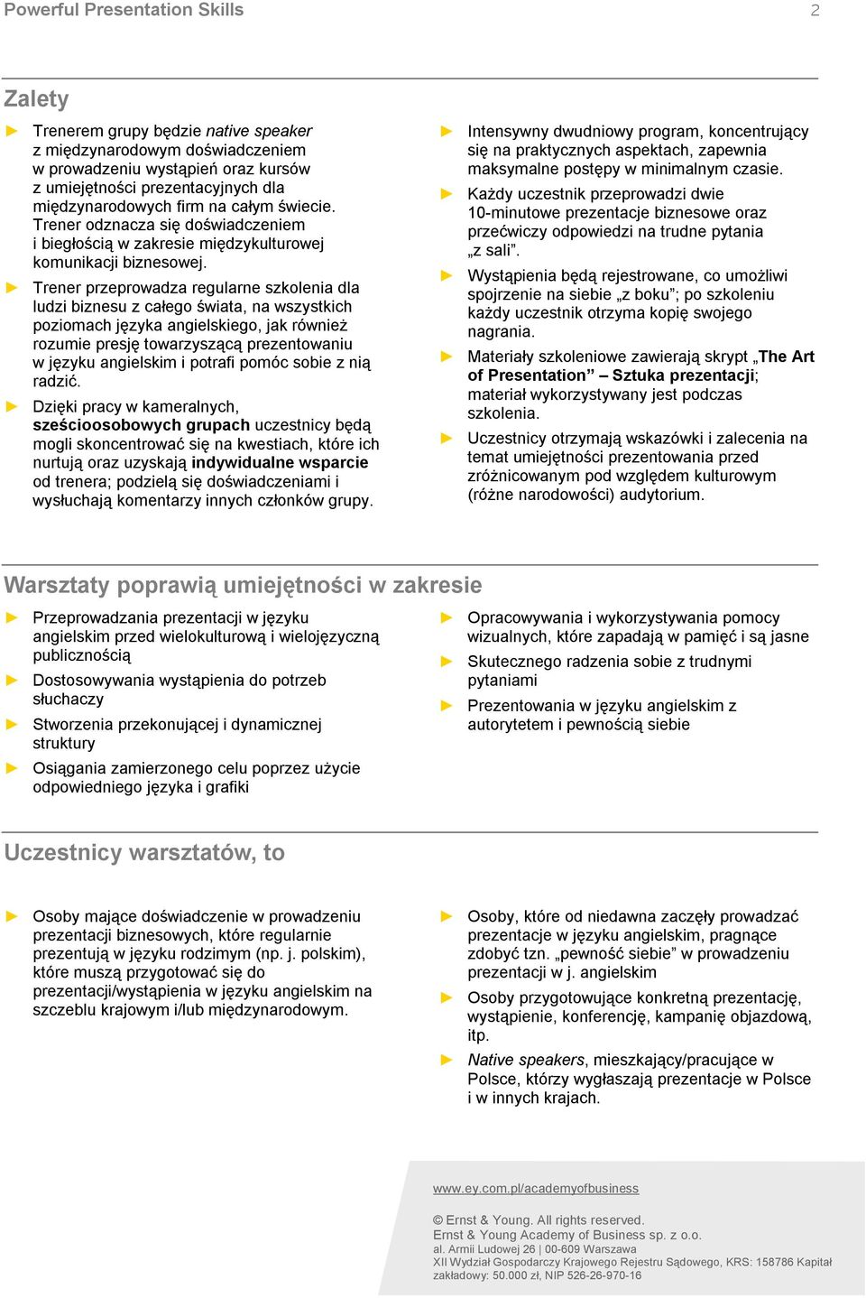 Trener przeprowadza regularne szkolenia dla ludzi biznesu z całego świata, na wszystkich poziomach języka angielskiego, jak również rozumie presję towarzyszącą prezentowaniu w języku angielskim i