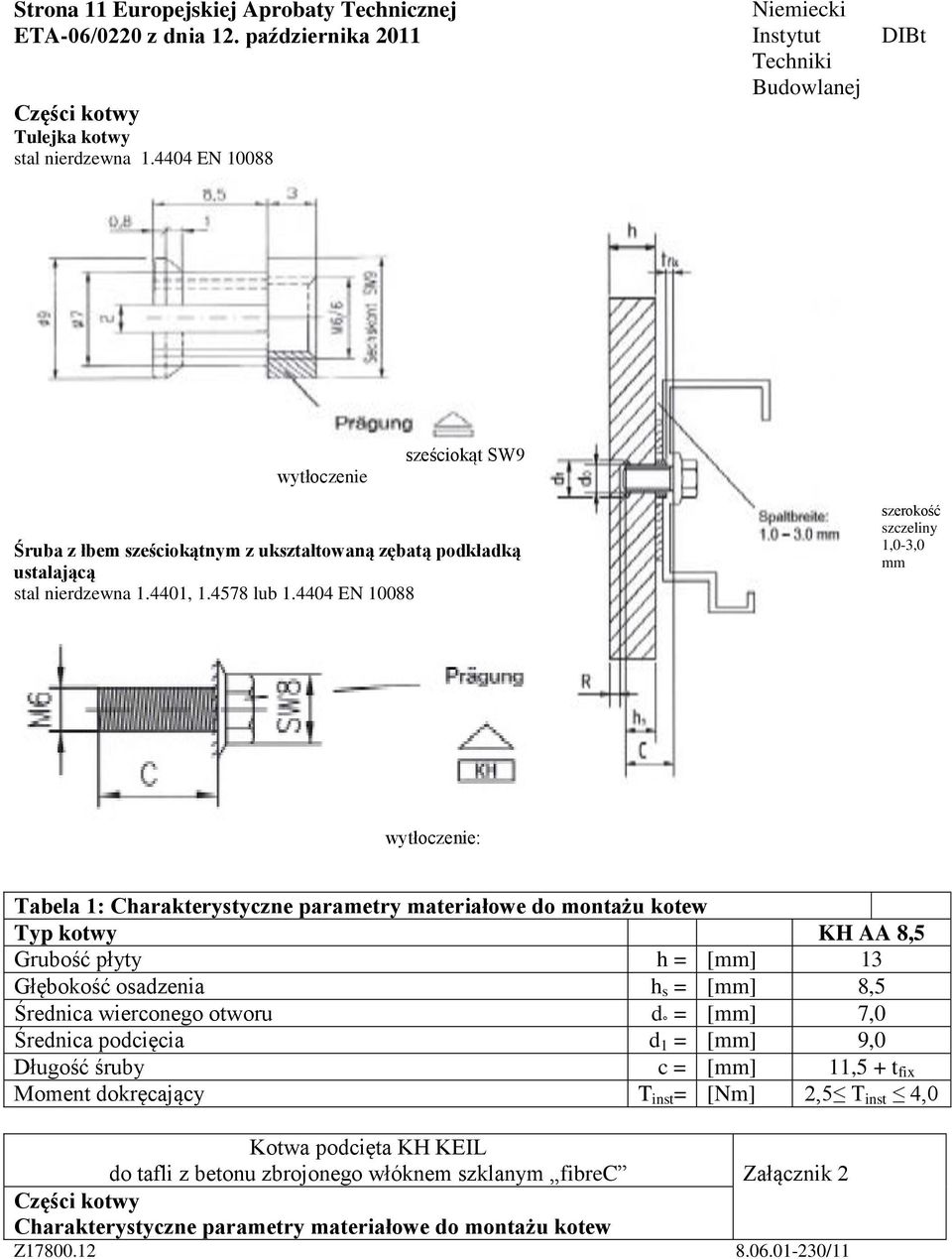 4404 EN 10088 szerokość szczeliny 1,0-3,0 mm wytłoczenie: Tabela 1: Charakterystyczne parametry materiałowe do montażu kotew Typ kotwy KH AA 8,5 Grubość płyty h = [mm] 13 Głębokość osadzenia h s =