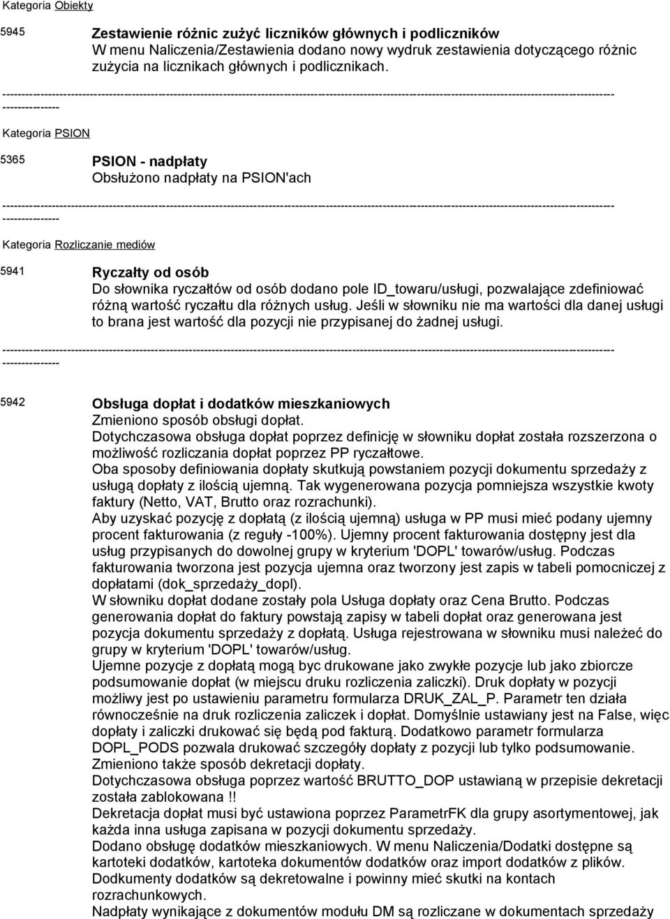 ----------- Kategoria PSION 5365 PSION - nadpłaty Obsłużono nadpłaty na PSION'ach ----------- Kategoria Rozliczanie mediów 5941 Ryczałty od osób Do słownika ryczałtów od osób dodano pole