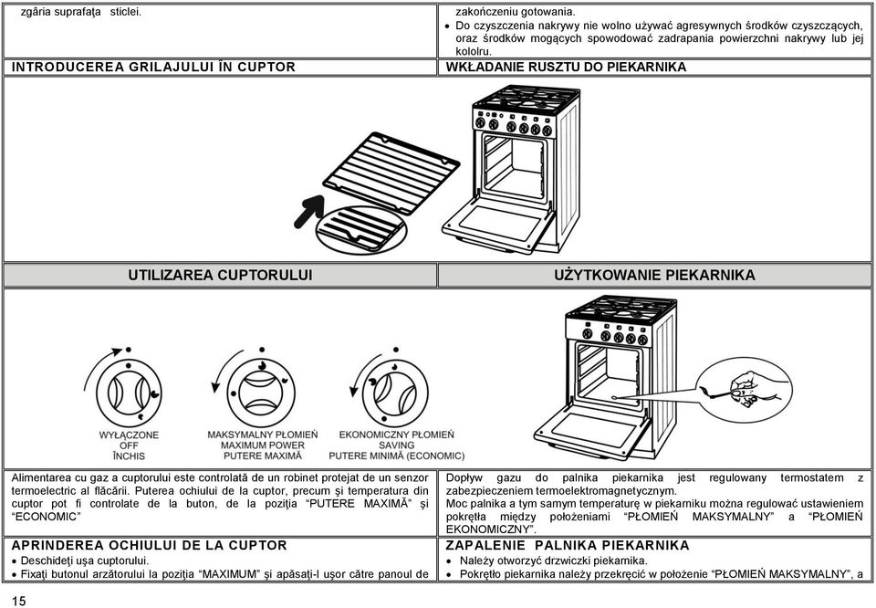 WKŁADANIE RUSZTU DO PIEKARNIKA UTILIZAREA CUPTORULUI UŻYTKOWANIE PIEKARNIKA Alimentarea cu gaz a cuptorului este controlată de un robinet protejat de un senzor termoelectric al flăcării.