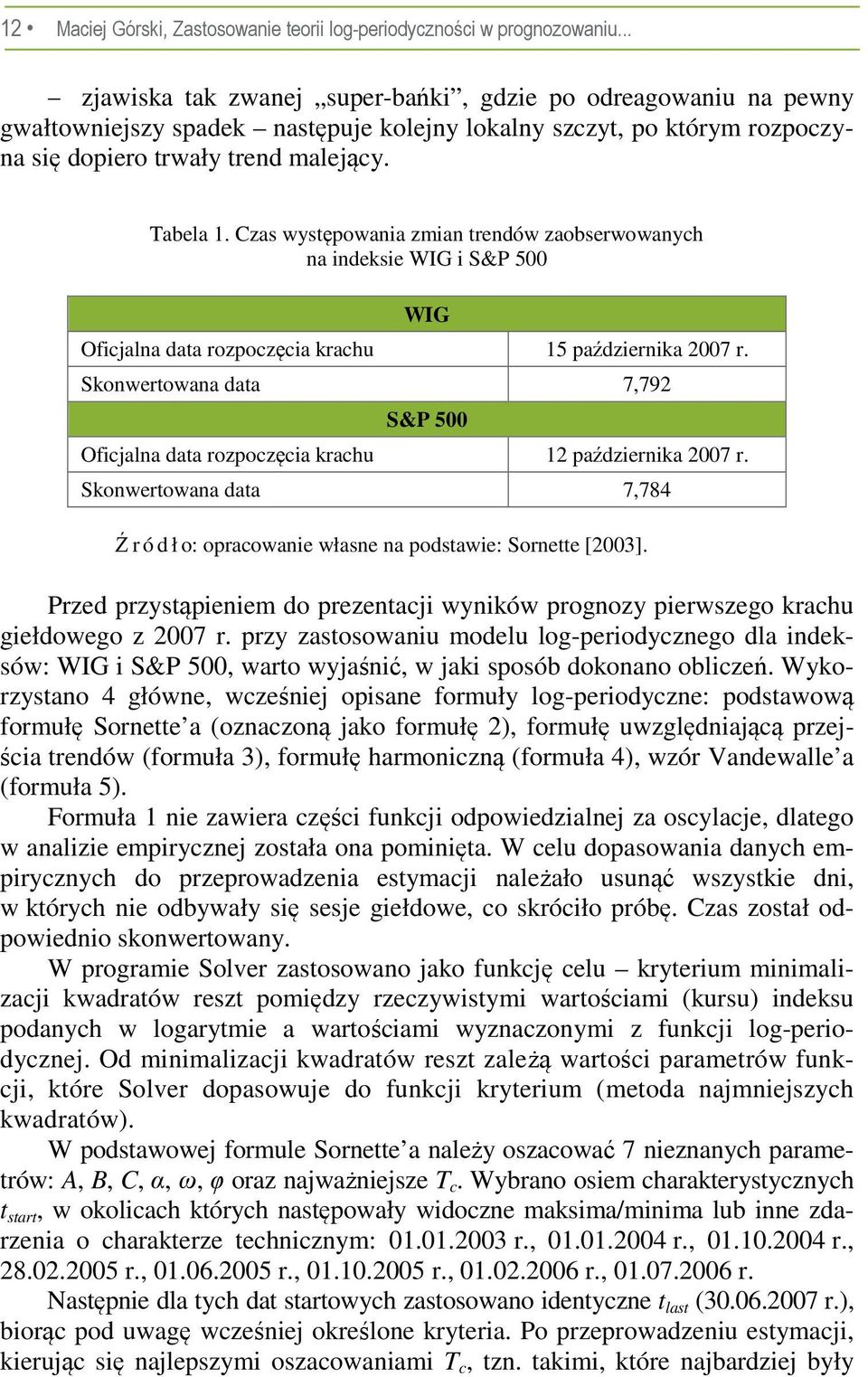 Czas występowania zmian trendów zaobserwowanych na indeksie WIG i S&P 500 WIG Oficjalna data rozpoczęcia krachu 15 października 2007 r.