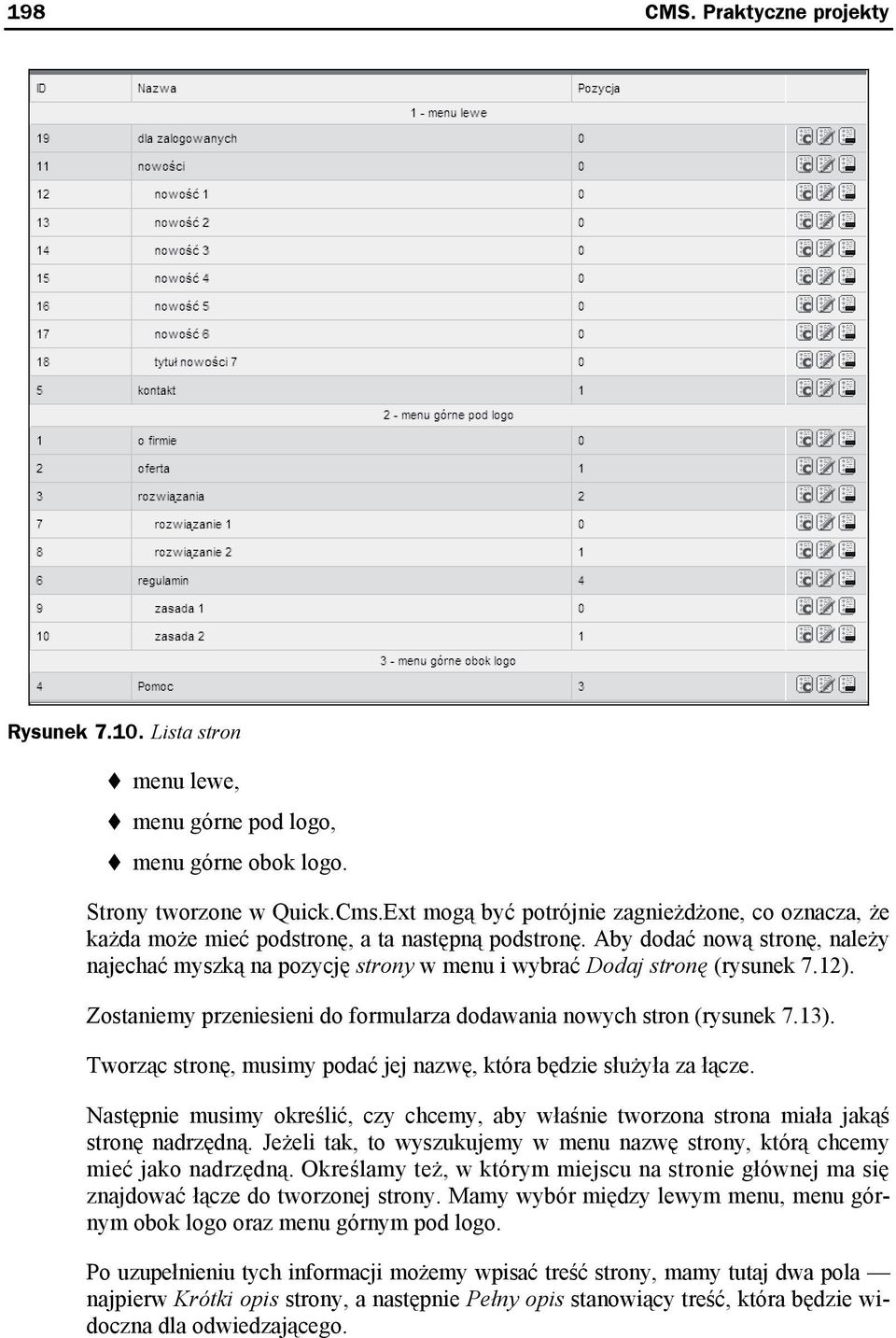 Aby dodać nową stronę, należy najechać myszką na pozycję strony w menu i wybrać Dodaj stronę (rysunek 7.12). Zostaniemy przeniesieni do formularza dodawania nowych stron (rysunek 7.13).