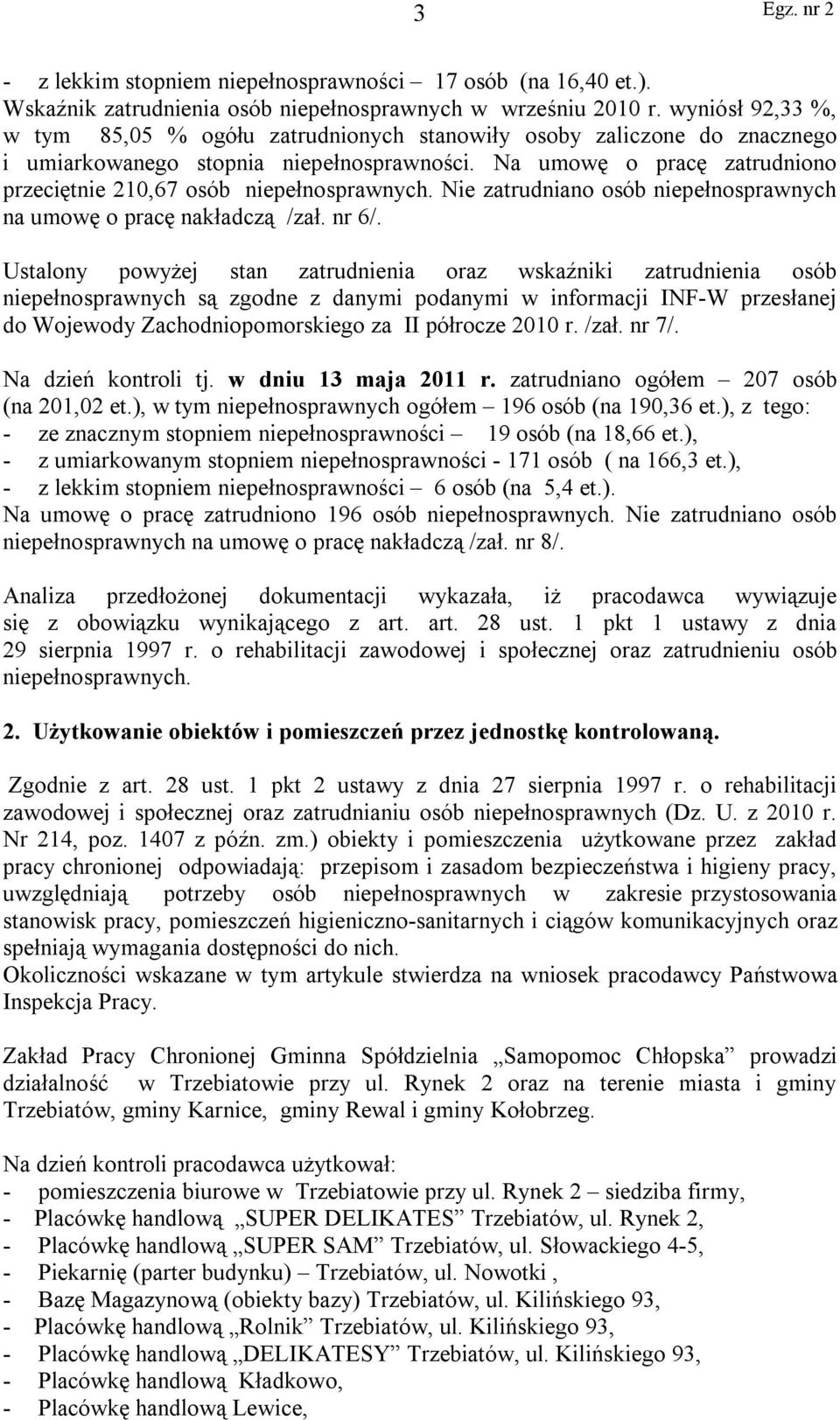 Na umowę o pracę zatrudniono przeciętnie 210,67 osób niepełnosprawnych. Nie zatrudniano osób niepełnosprawnych na umowę o pracę nakładczą /zał. nr 6/.