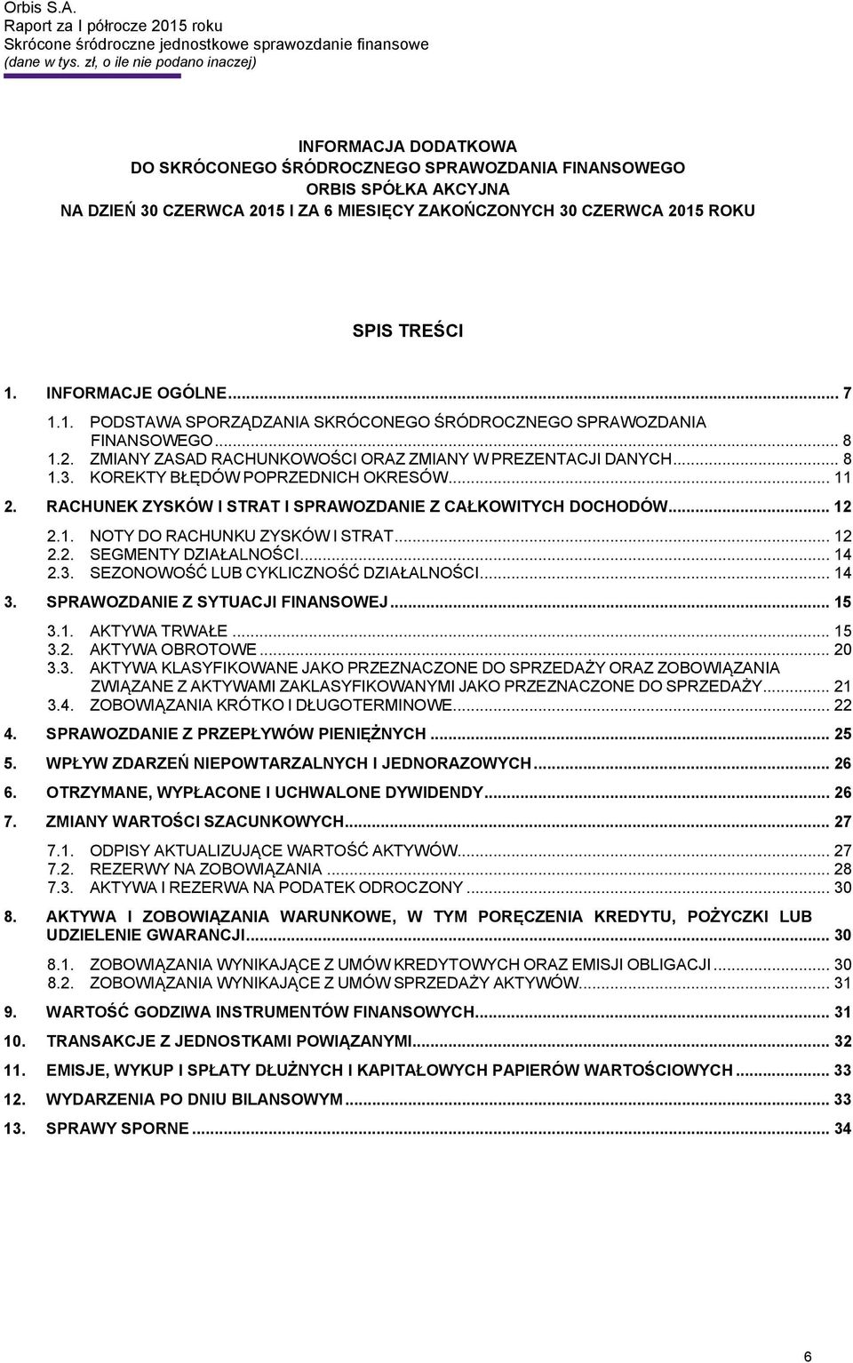 KOREKTY BŁĘDÓW POPRZEDNICH OKRESÓW... 11 2. RACHUNEK ZYSKÓW I STRAT I SPRAWOZDANIE Z CAŁKOWITYCH DOCHODÓW... 12 2.1. NOTY DO RACHUNKU ZYSKÓW I STRAT... 12 2.2. SEGMENTY DZIAŁALNOŚCI... 14 2.3.