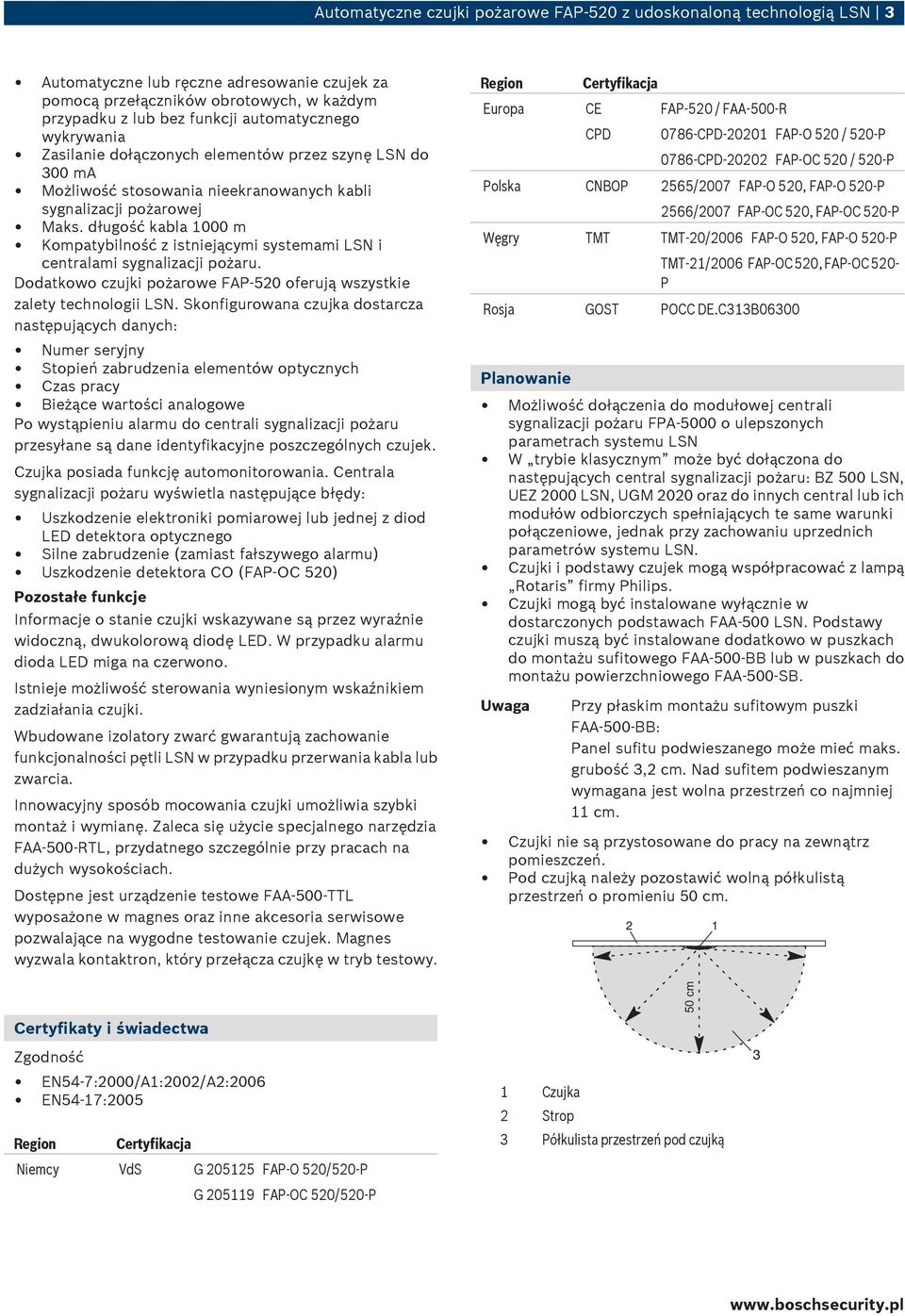 długość kabla 1000 m Kompatybilność z istniejącymi systemami LSN i centralami sygnalizacji pożaru. Dodatkowo czujki pożarowe FAP 520 oferują wszystkie zalety technologii LSN.