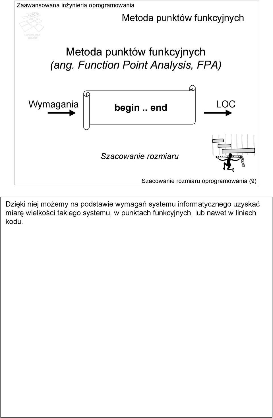 . end LOC Szacowanie rozmiaru Szacowanie rozmiaru oprogramowania (9) Dzięki niej