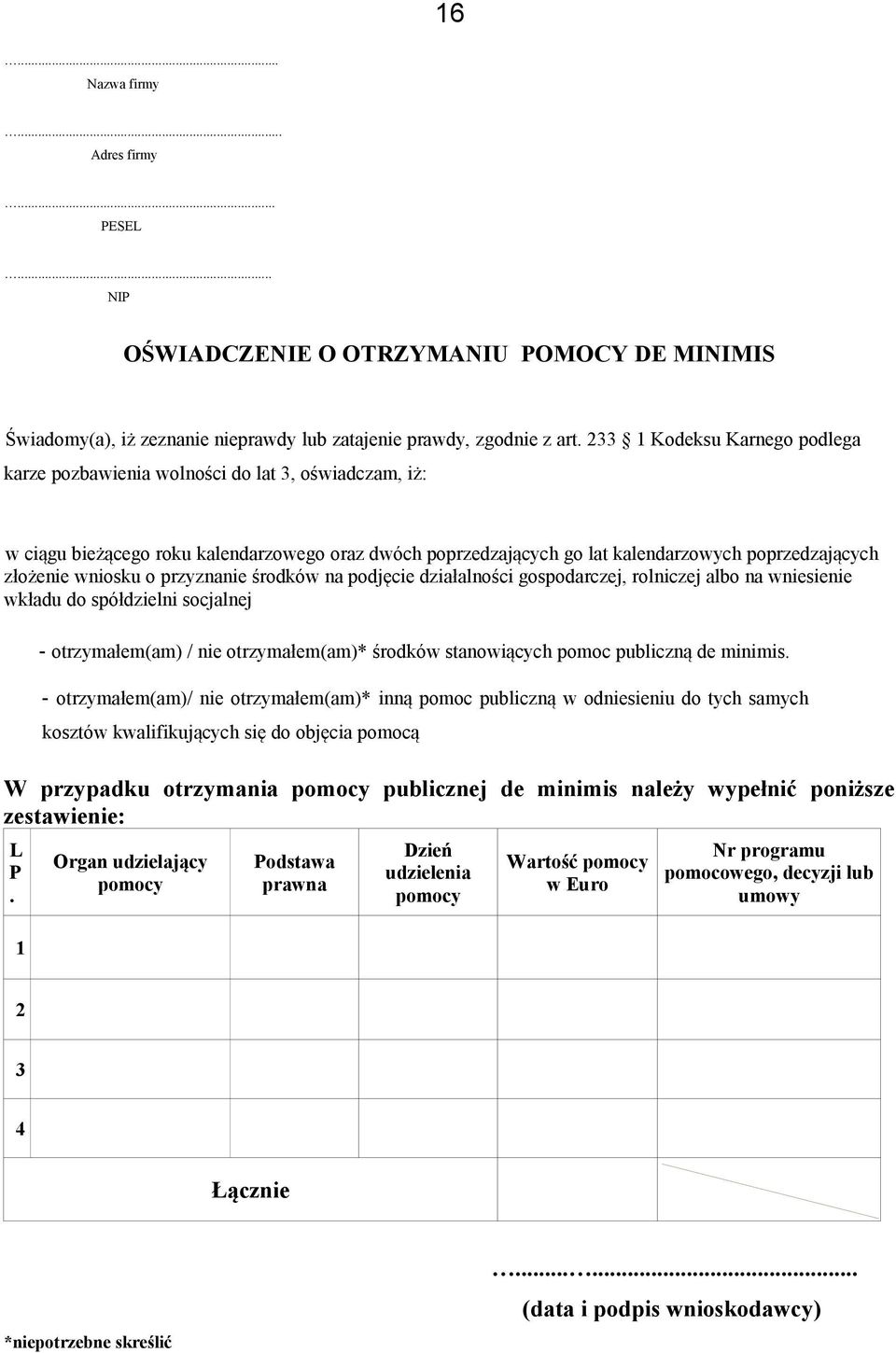 wniosku o przyznanie środków na podjęcie działalności gospodarczej, rolniczej albo na wniesienie wkładu do spółdzielni socjalnej - otrzymałem(am) / nie otrzymałem(am)* środków stanowiących pomoc