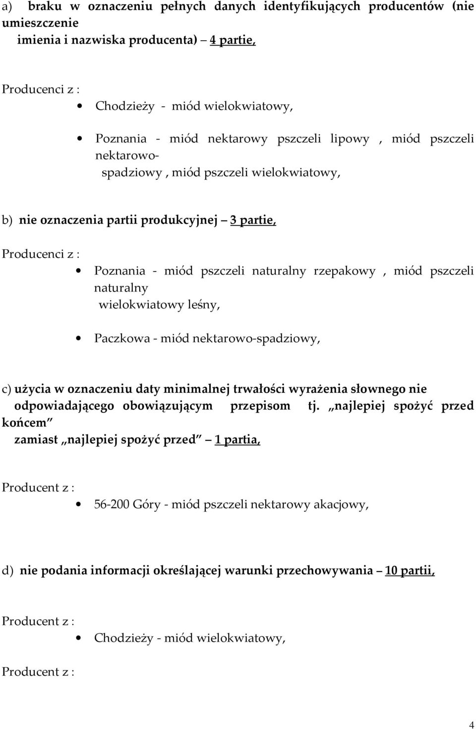 pszczeli naturalny wielokwiatowy leśny, Paczkowa - miód nektarowo-spadziowy, c) użycia w oznaczeniu daty minimalnej trwałości wyrażenia słownego nie odpowiadającego obowiązującym przepisom tj.