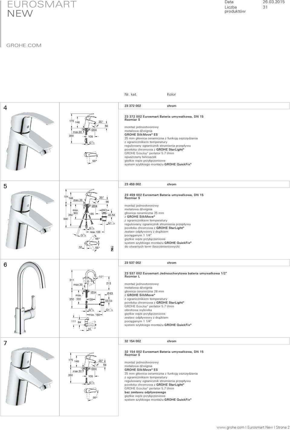 537 002 Eurosmart Jednouchwytowa bateria umywalkowa 1/2" Rozmiar L głowica ceramiczna 28 mm zestaw odpływowy z drążkiem pociąganym 1 1/4" GROHE QuickFix 7 32 154 002 chrom 32 154