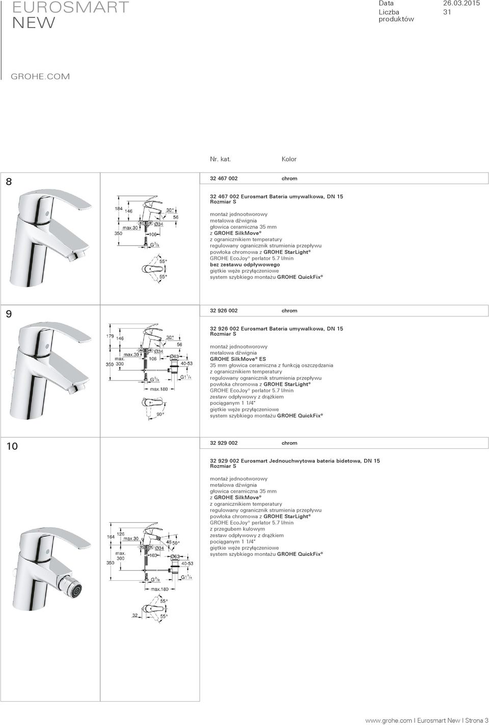 odpływowy z drążkiem pociąganym 1 1/4" GROHE QuickFix 10 32 929 002 chrom 32 929 002 Eurosmart Jednouchwytowa bateria